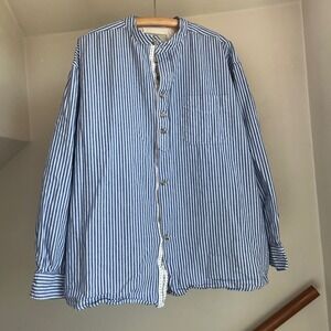 Lee Valley Grandfather Shirt XXL Blue White Stripe Banded Collar Irish Cotton